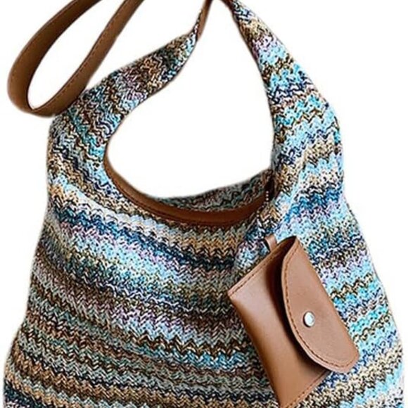 Colorful straw beach shoulder handbag with adjustable straps and small wallet - Picture 1 of 6